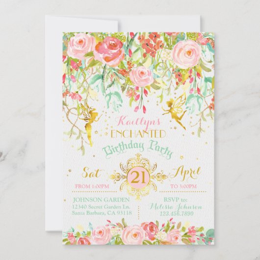 スパークルフェアリーエンチャントドガーデン誕生日 招待状 (正面)