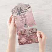 スパークルフェイクきらめくピンクシルバーフォトQRコード オールインワン招待状 (貼ってはがせる)