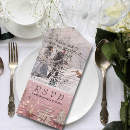 スパークルフェイクきらめくピンクシルバーフォトQRコード オールインワン招待状