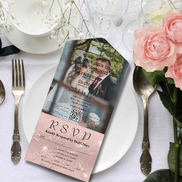 スパークルフェイクきらめくピンクシルバーフォトQRコード オールインワン招待状