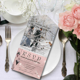 スパークルフェイクきらめくピンクシルバーQRコードクリスマス オールインワン招待状