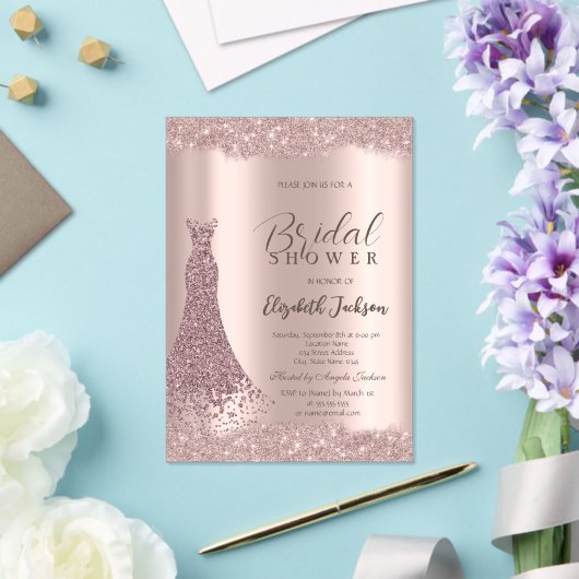 スパークルフレームバラ金ゴールドドレスブライダルシャワー アクリル招待状 (インサイチュ (ウェディング))