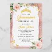 スパークルフローラティアラ赤面ピンク金ゴールドキンセアニェラ 箔招待状 (正面)