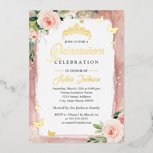 スパークルフローラティアラ赤面ピンク金ゴールドキンセアニェラ 箔招待状 (正面)