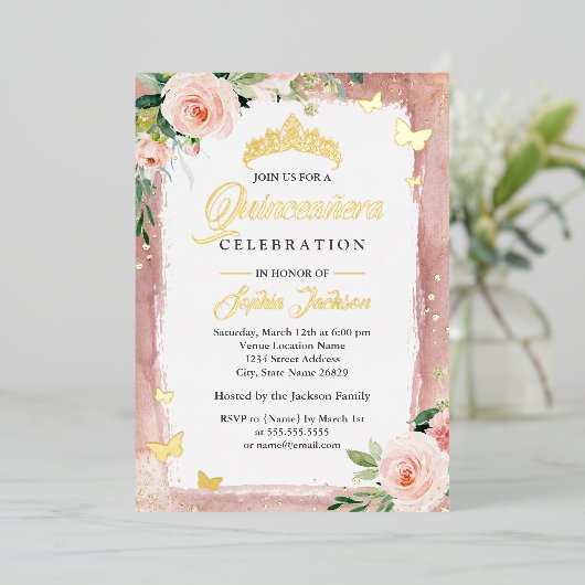 スパークルフローラティアラ赤面ピンク金ゴールドキンセアニェラ 箔招待状 (立ち正面)