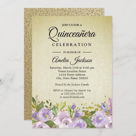 スパークルフローラパープル金ゴールドキンセアニェラ招待状 招待状 (正面/裏面)