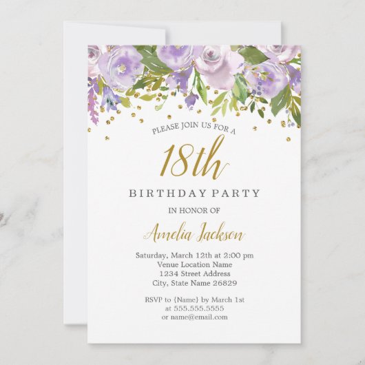 スパークルフローラパープル18誕生日招待状 招待状 (正面)