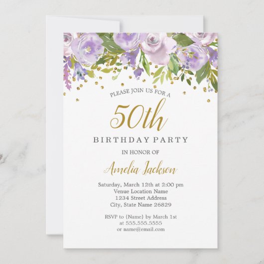 スパークルフローラパープル50番目の誕生日招待状 招待状 (正面)