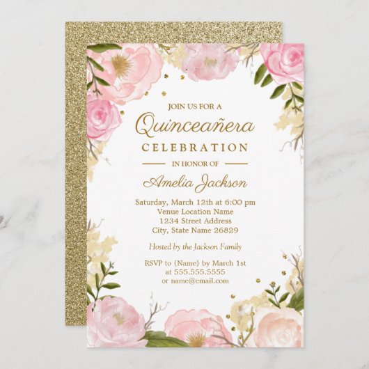 スパークルフローラピンク金ゴールドキンセアニェラ 招待状 (正面/裏面)