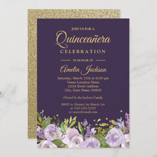 スパークルフローラ金ゴールドパープルキンセアニェラ 招待状 (正面/裏面)