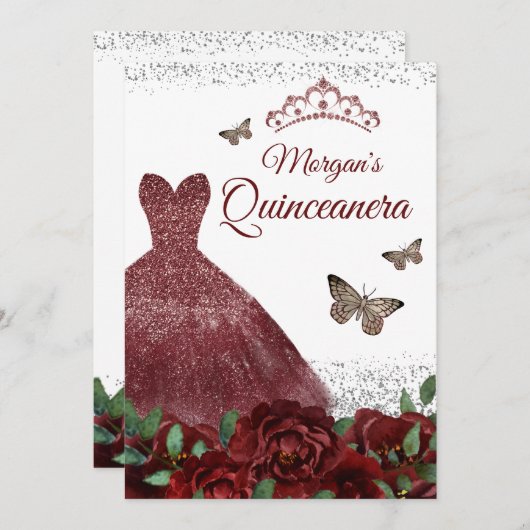 スパークルブルゴーニュ宝石ドレスバタフライキンセアニェラ 招待状 (正面/裏面)