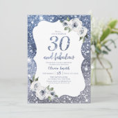 スパークルブルーのグリッターと花の30歳の誕生日 招待状 (スタンド正面)