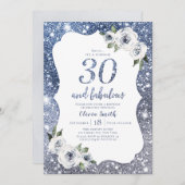 スパークルブルーのグリッターと花の30歳の誕生日 招待状 (正面/裏面)
