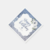 スパークルブルーグリッターとフローラハッピーバースデー スタンダードカクテルナプキン (角)