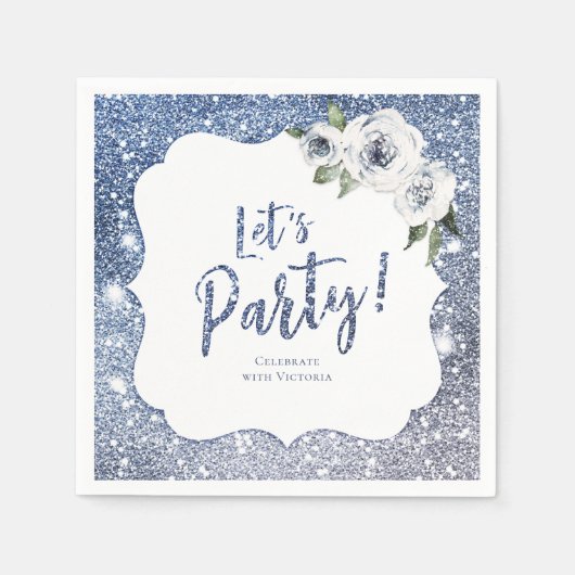 スパークルブルーグリッターとフローラレッツパーティー スタンダードカクテルナプキン (正面)