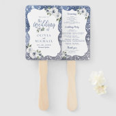 スパークルブルーグリッターとフローラ結婚式プログラム ハンドファン (正面&裏面)