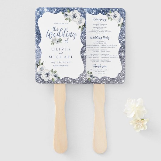 スパークルブルーグリッターとフローラ結婚式プログラム ハンドファン (正面&裏面)