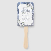 スパークルブルーグリッターとフローラ結婚式プログラム ハンドファン (正面)