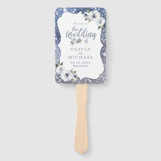 スパークルブルーグリッターとフローラ結婚式プログラム ハンドファン (正面)