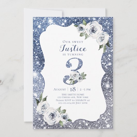 スパークルブルーグリッターとフローラ3歳の誕生日 招待状 (正面)