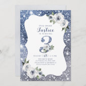 スパークルブルーグリッターとフローラ3歳の誕生日 招待状 (正面/裏面)