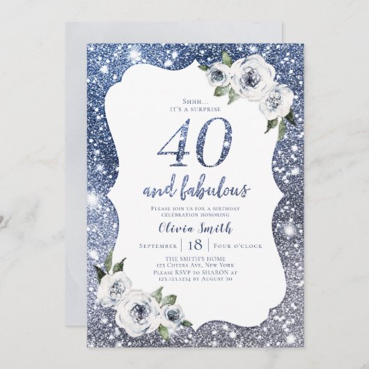 スパークルブルーグリッターとフローラ40歳 招待状 (正面/裏面)