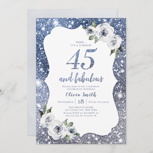 スパークルブルーグリッターとフローラ45歳 招待状 (正面/裏面)
