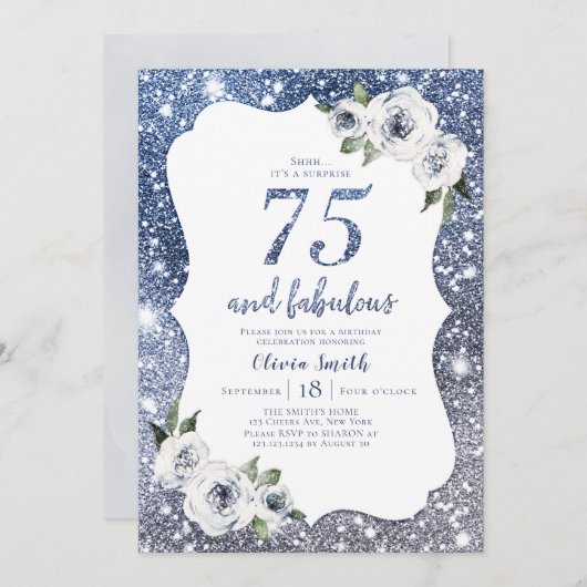 スパークルブルーグリッターとフローラ75歳 招待状 (正面/裏面)