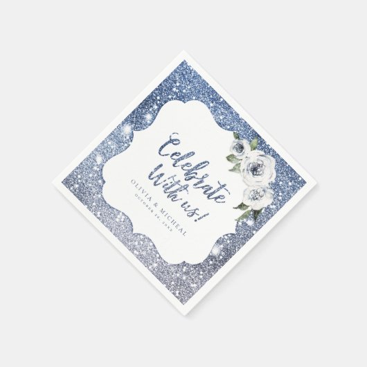 スパークルブルーグリッターと祝フローラを一緒に スタンダードカクテルナプキン (角)