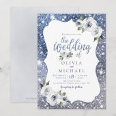 スパークルブルーシルバーグリッターとフラワーのウェディング 招待状 (正面/裏面)