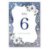スパークルブルーシルバーグリッターとフローラ結婚ズ テーブルナンバー (正面)