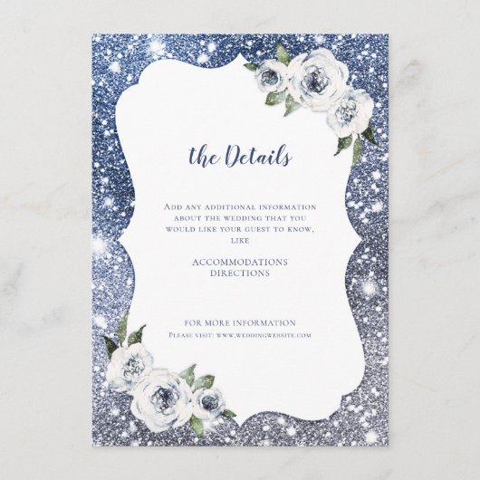スパークルブルーシルバーグリッターフローラ結婚ズ詳細 エンクロージャーカード (正面)