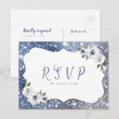 スパークルブルーシルバーグリッターフローラ結婚式RSVP インビテーションポストカード (正面/裏面)
