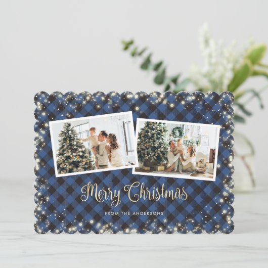 スパークルブループレイド雪の星写真クリスマス シーズンカード (スタンド正面)