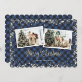 スパークルブループレイド雪の星写真クリスマス シーズンカード (正面/裏面)