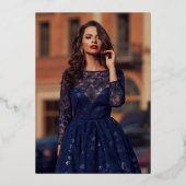 スパークルブルー金ゴールドドレスティアラフォトキンセアニェラ 箔招待状 (裏面)