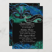 スパークルブルー&グリーンマスクマスカレードキンセアニェラ 招待状 (正面/裏面)