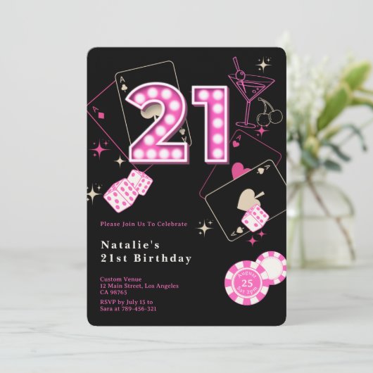 スパークルホットピンクカジノサイコロ&チップス21st誕生日 招待状 (スタンド正面)
