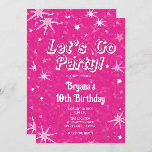 スパークルホットピンクスターズレッツゴーパーティー誕生日 招待状 (正面/裏面)