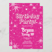スパークルホットピンク&ホワイトスターズ誕生日パーティー 招待状 (正面/裏面)