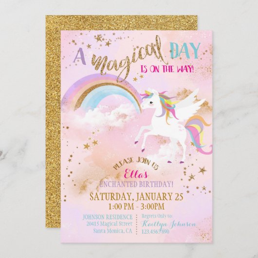 スパークルマジカルユニコーンペガサス誕生日 招待状 (正面/裏面)