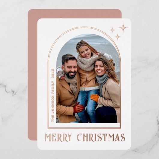 スパークルモダンクリスマスフォトGREETINGバラ金ゴールド 箔シーズンカード (正面/裏面)