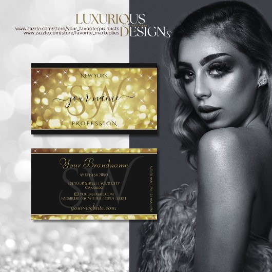 スパークルモダンゴールデングリッタースターズイニシャルブラック 名刺