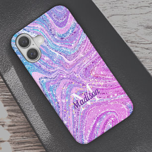 スパークルユニコーンガーリー虹の大理石アートケースマット iPhone 16ケース