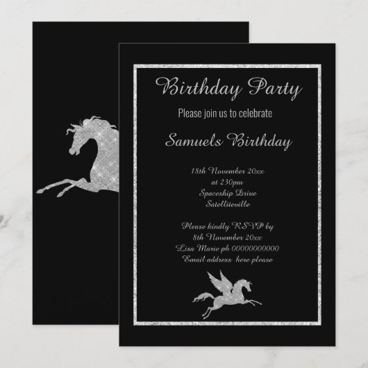 スパークルユニコーンブラックバックグラウンド誕生日 招待状 (正面/裏面)