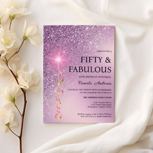 スパークルラベンダーグラディエントグリッター50誕生日 招待状