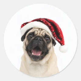 スパークルレッドサンタ帽子をかぶった幸せなパグのクリスマス ラウンドシール
