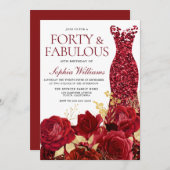 スパークルレッドドレスバラ金ゴールドリーフ40th誕生日 招待状 (正面/裏面)