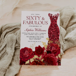 スパークルレッドドレスバラ金ゴールドリーフ60誕生日 招待状