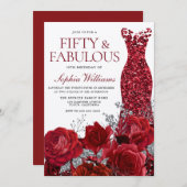 スパークルレッドドレス&バラ50th誕生日きらめく 招待状 (正面/裏面)